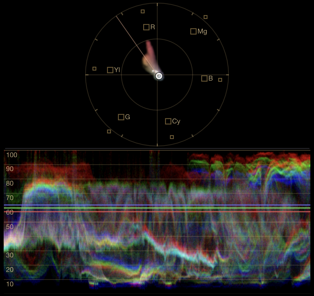 The same live pointer sample marked on Vectorscope and Waveform.