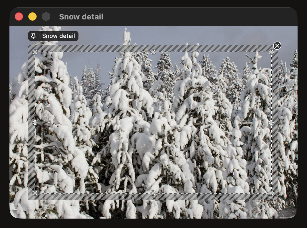 A SideScopes region attached inside a sample window, with the striped editing band labeled Snow detail.